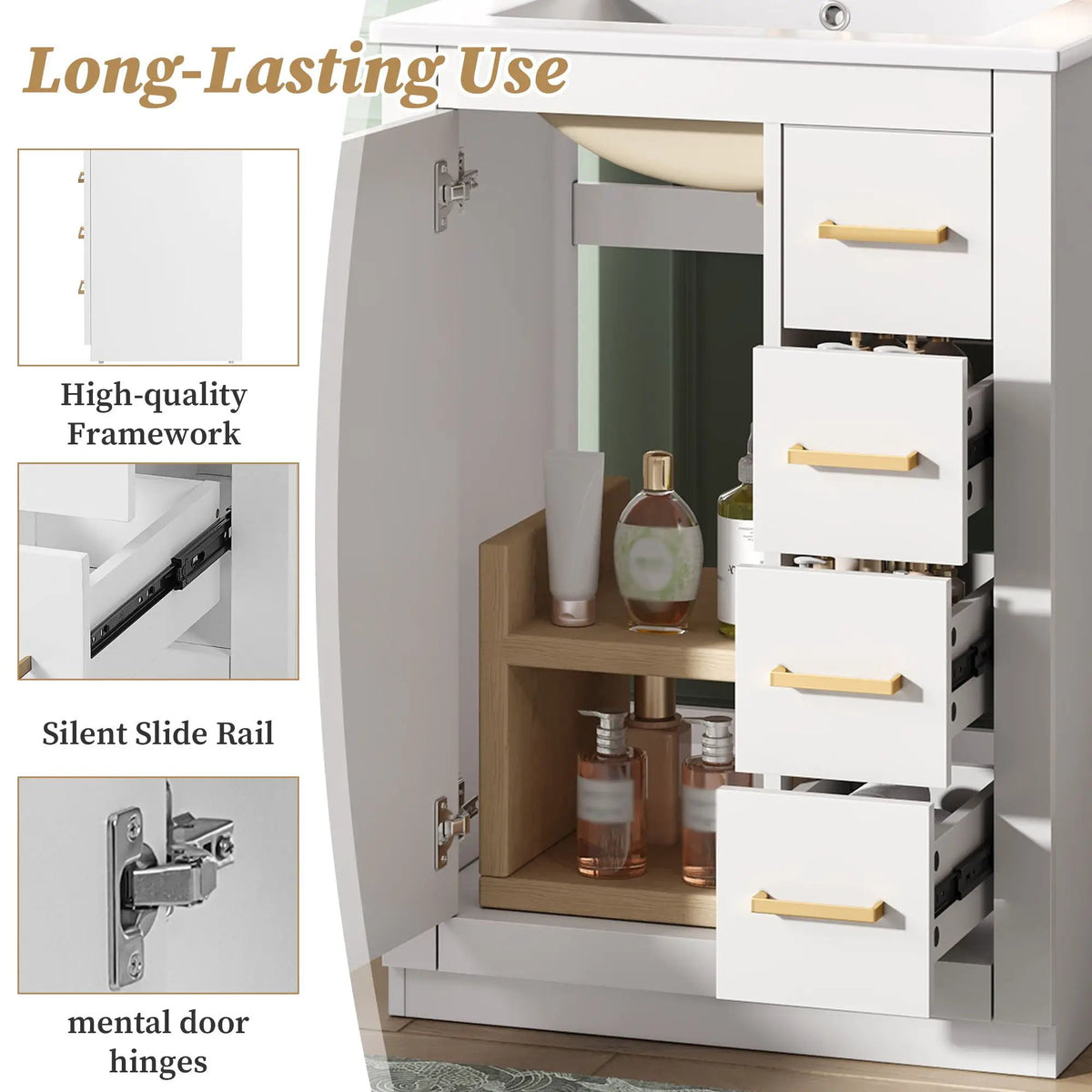 24 Inch Modern Bathroom Vanity | 1 Door 3 Drawers | Ceramic Sink | Compact Footprint