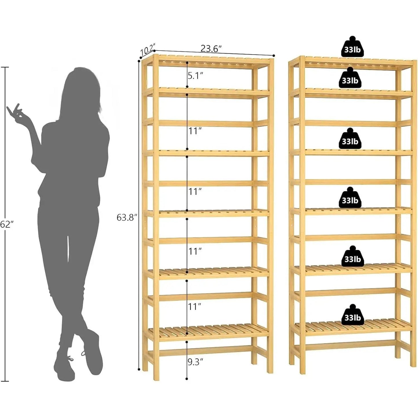 Six Tier Adjustable Bamboo Bookshelf Tall 63 Inch Natural from PriceLows™