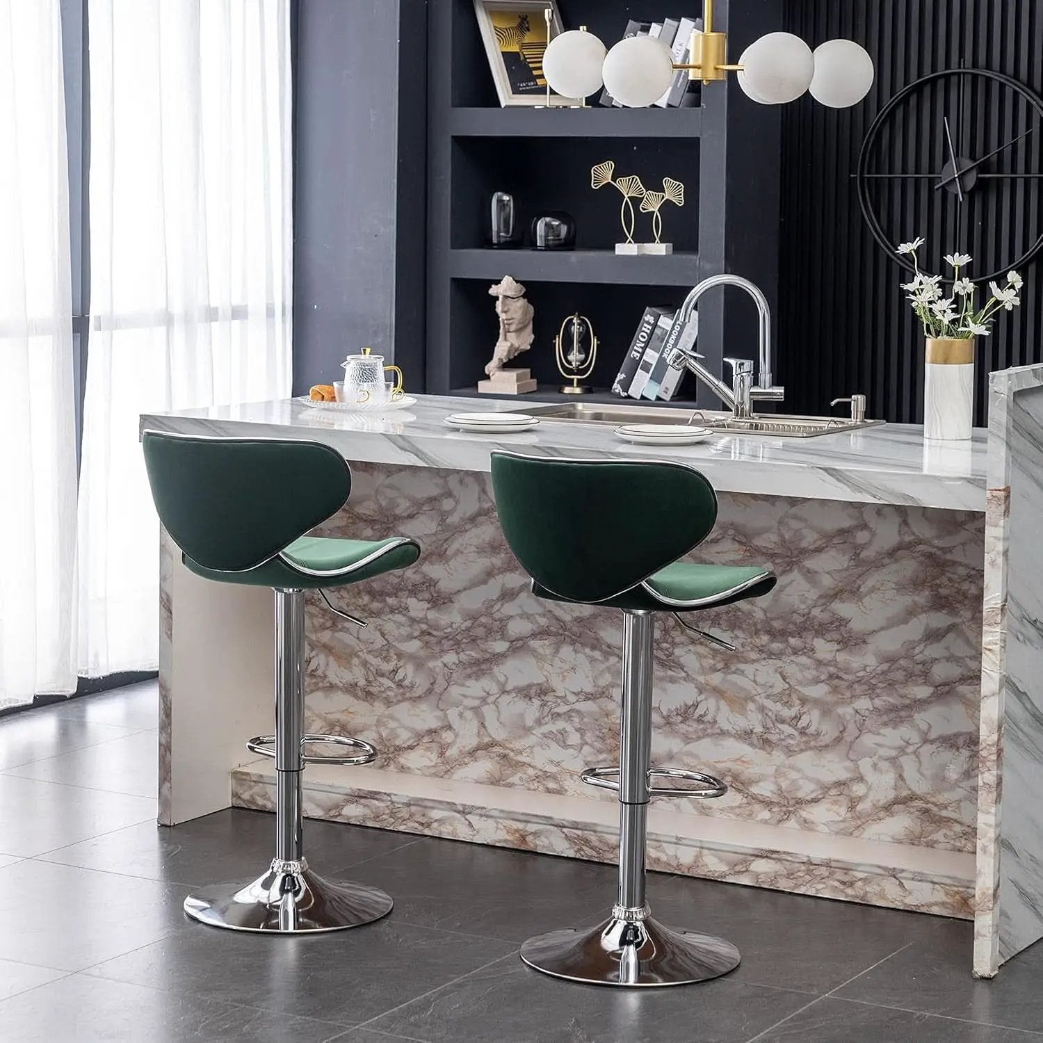 Green Velvet Upholstered Adjustable Swivel Bar Stools Set 2 from PriceLows™