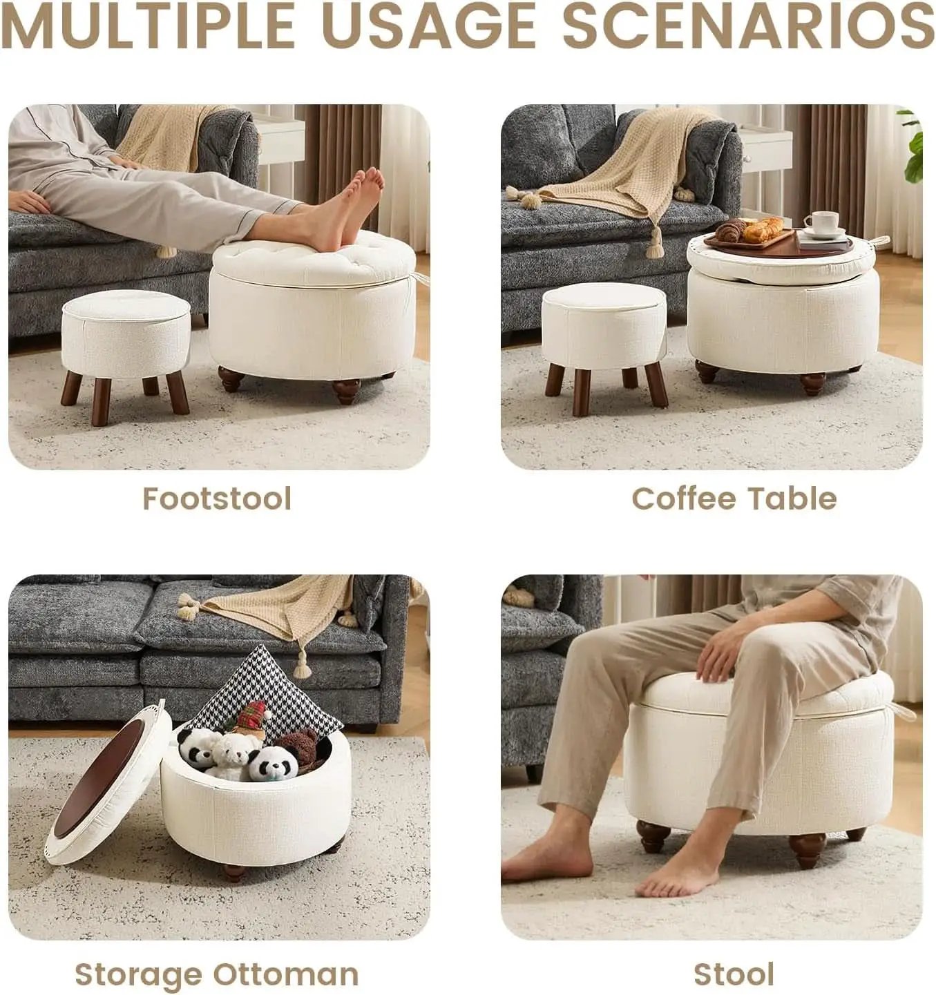 24 Inch Round Beige Storage Ottoman Removable TopWith Storage from PriceLows™