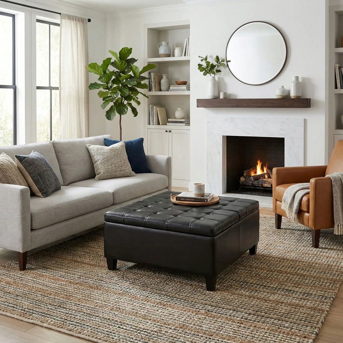 Harrison Large Coffee Table Storage Ottoman | Split Lift-Up Top | Square Design | 36 Inch Width