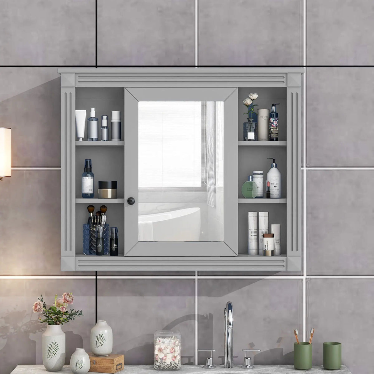 Bathroom Storage Cabinet With Mirror | 6 Open Shelves | Vintage Handle | Adjustable Interior