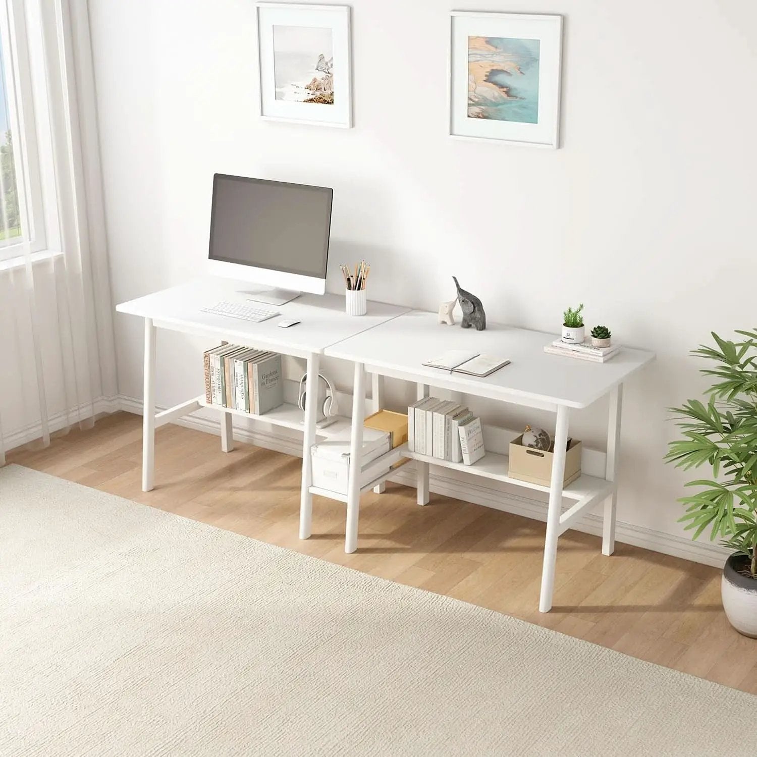 Two Person Desk With BuiltIn Bookshelf 79Inch White from PriceLows™