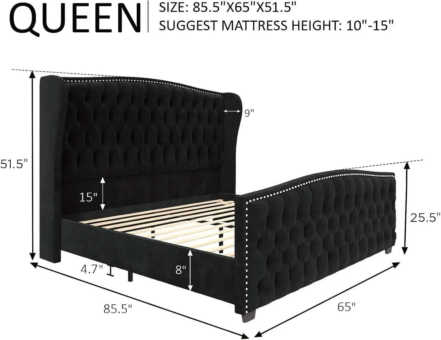 Queen Size Platform Bed Frame With Nailhead Trim Deluxe from PriceLows™