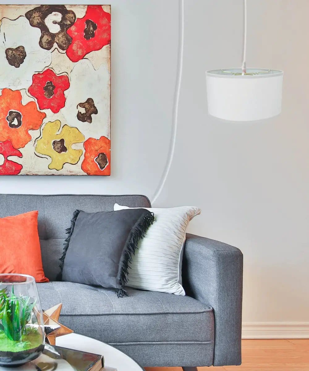 Plug-In Swag Pendant Light | White Linen Shade | 18 Inch Wide | 17 Foot Cord