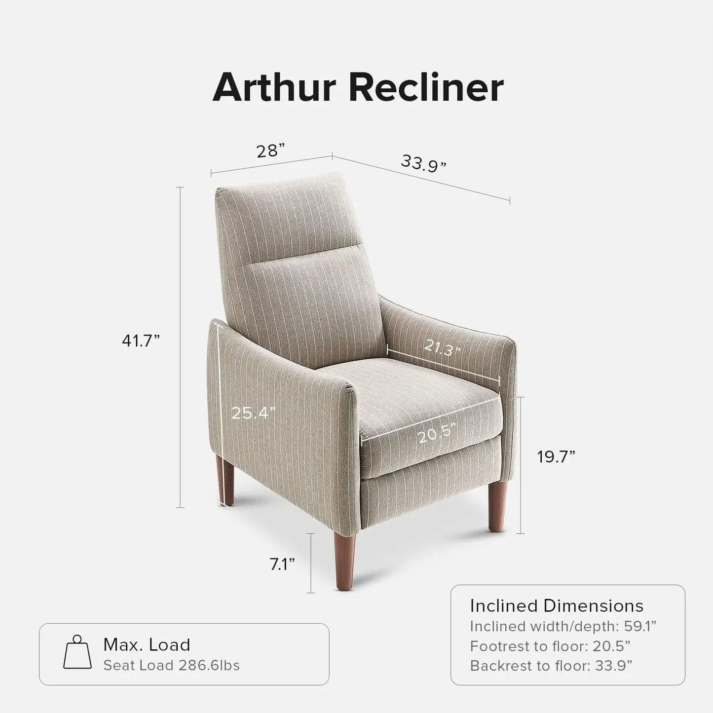 Arthur Mid Century Recliner Chair With 3 Positions Taupe Stripe Jacquard from PriceLows™
