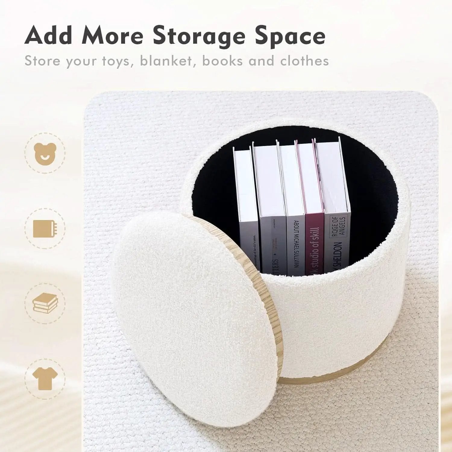 White Velvet Round Storage Ottoman FifteenInches Compact from PriceLows™