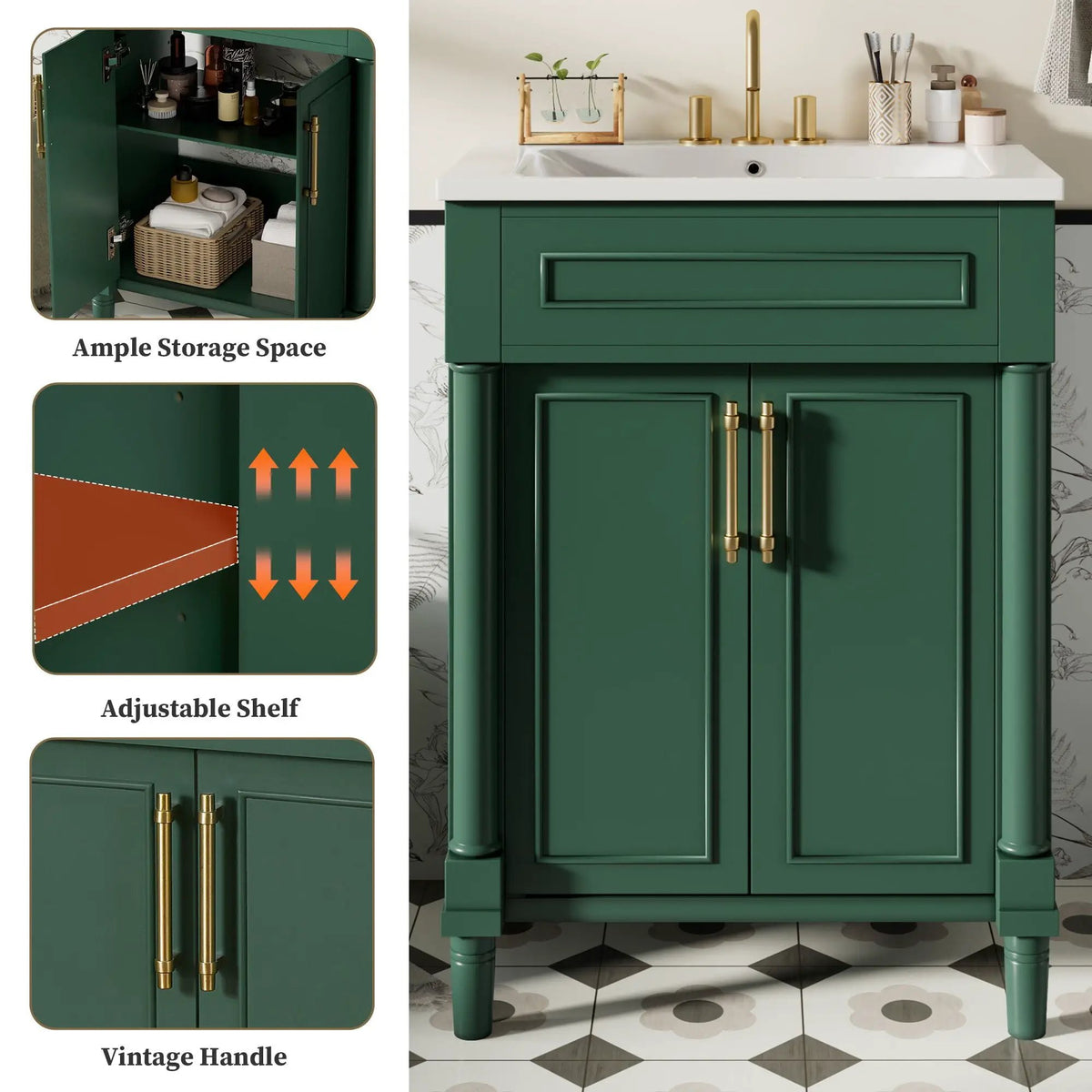 24 Inch Bathroom Vanity | Integrated Sink | 2 Door Cabinet | Small To Medium Bathrooms
