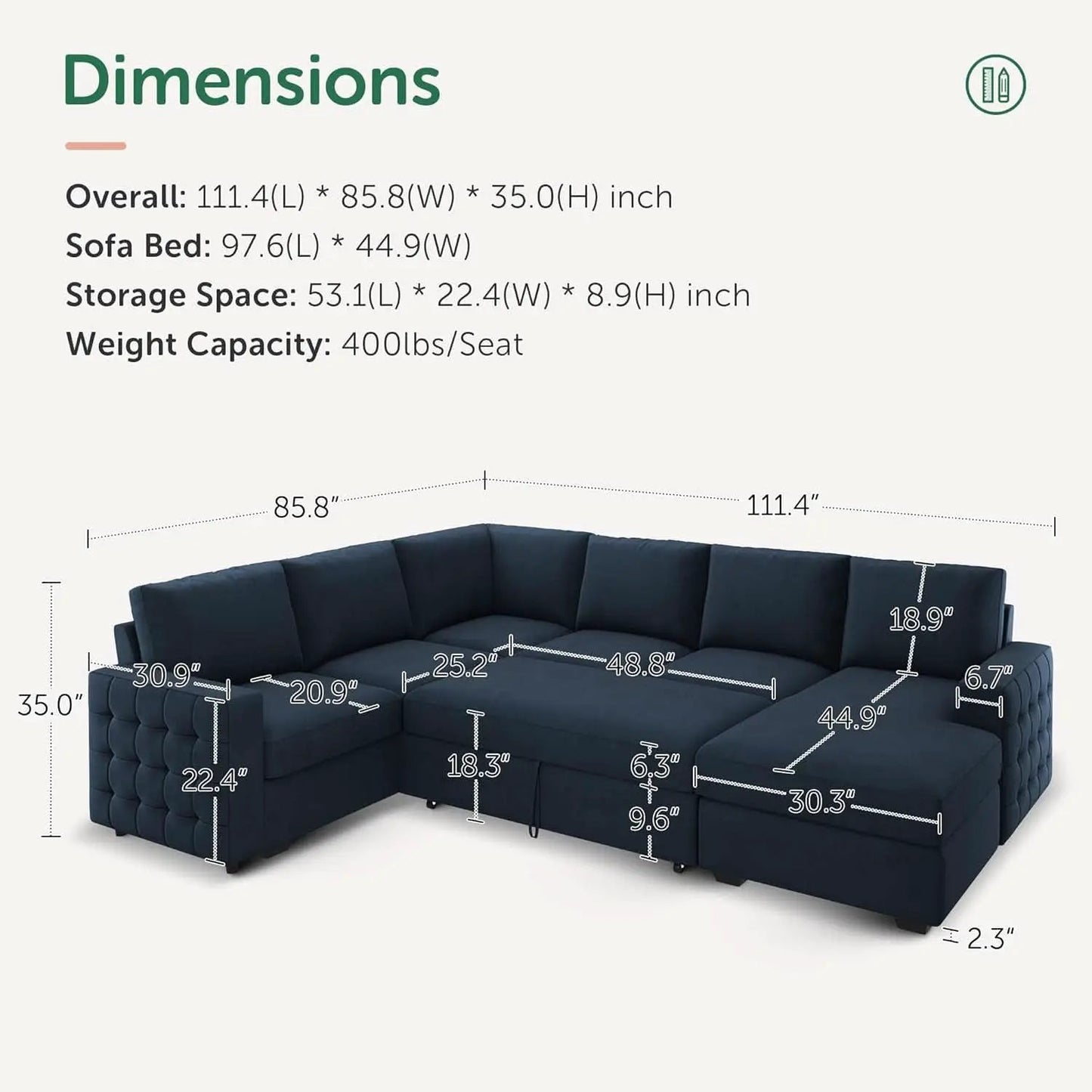 Blue Velvet U Shaped Sleeper Sofa With Pull Out Bed from PriceLows™