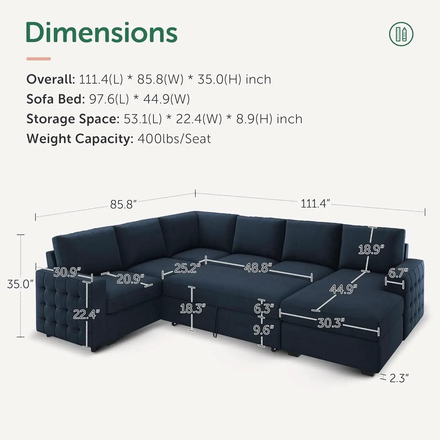 Blue Velvet U Shaped Sleeper Sofa With Pull Out Bed from PriceLows™