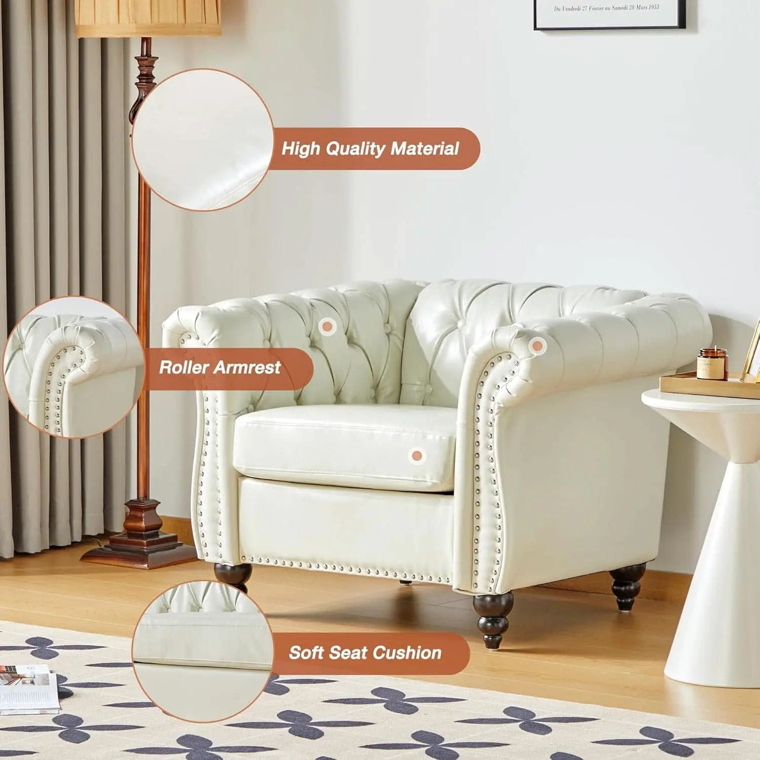 3 Piece Living Room Set Chesterfield Faux Leather Sofa Loveseat Chair White With Scroll Arms And Nailhead from PriceLows™