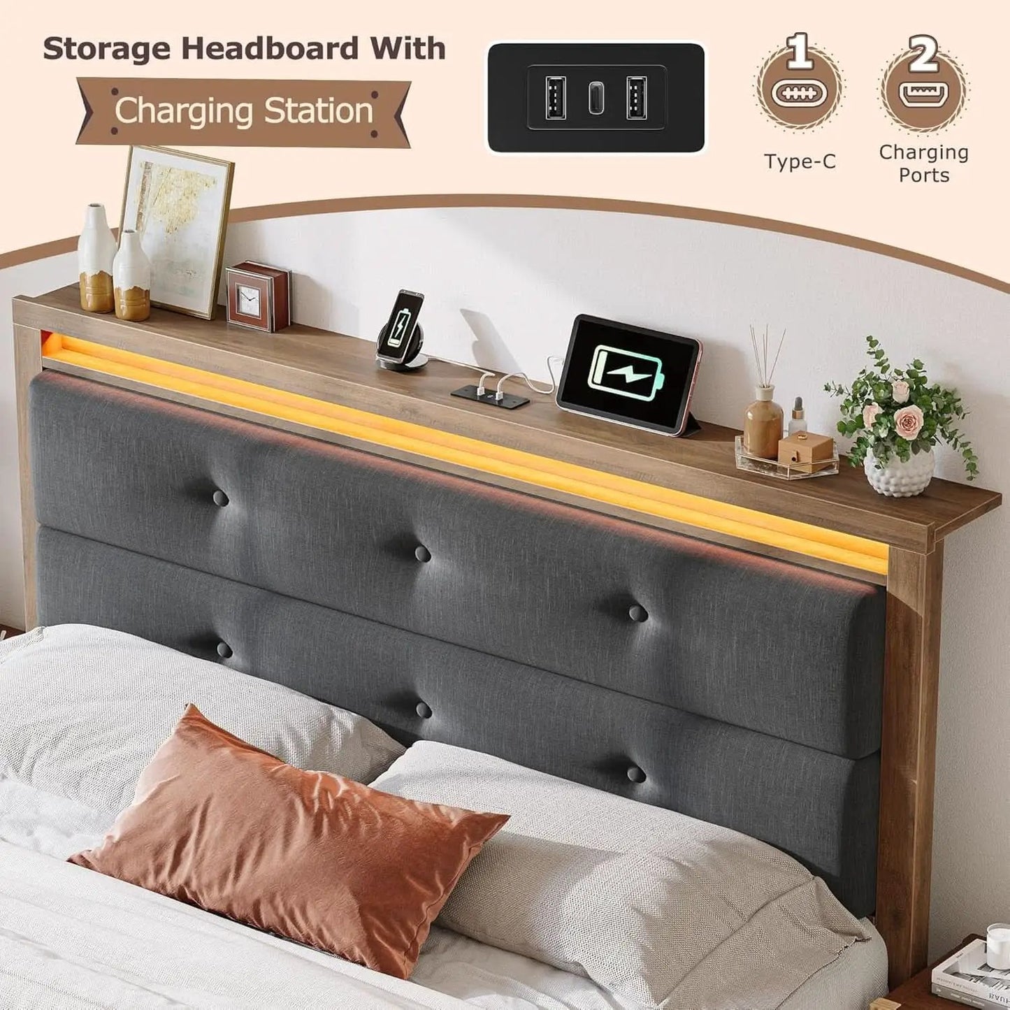 King Size Bed Frame With Integrated Charging Station from PriceLows™