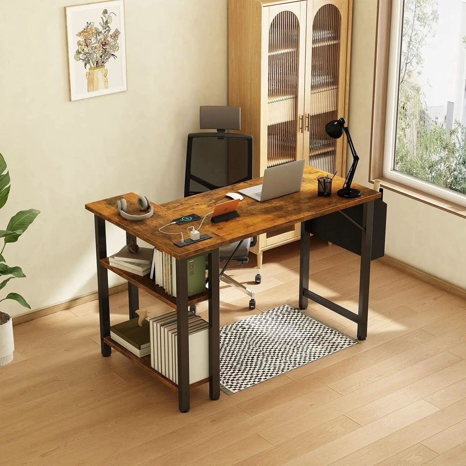 40 Inch L Shaped Desk With Power Outlet And Shelves Rustic Brown from PriceLows™