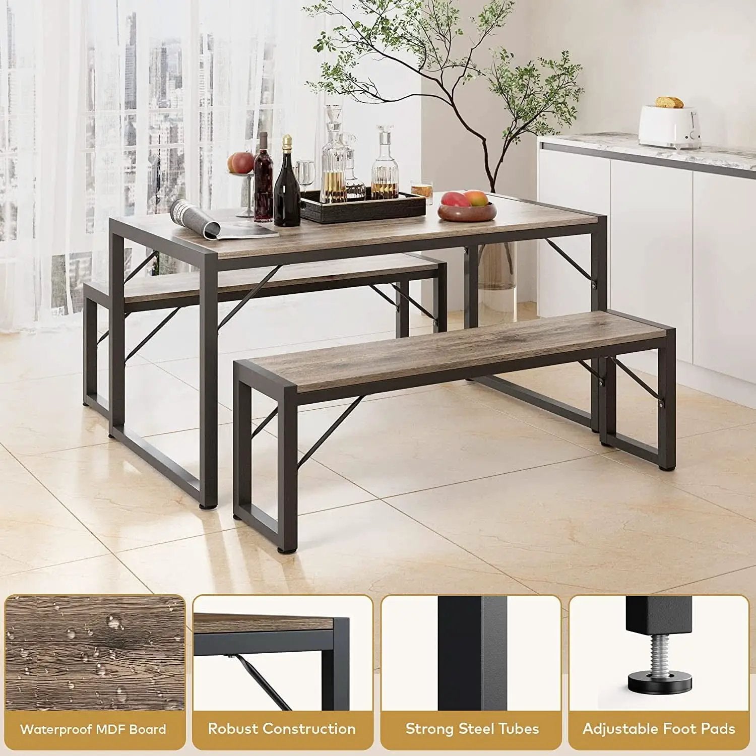 Dining Table Set For 4 With 2 Benches Gray Finish Modern from PriceLows™