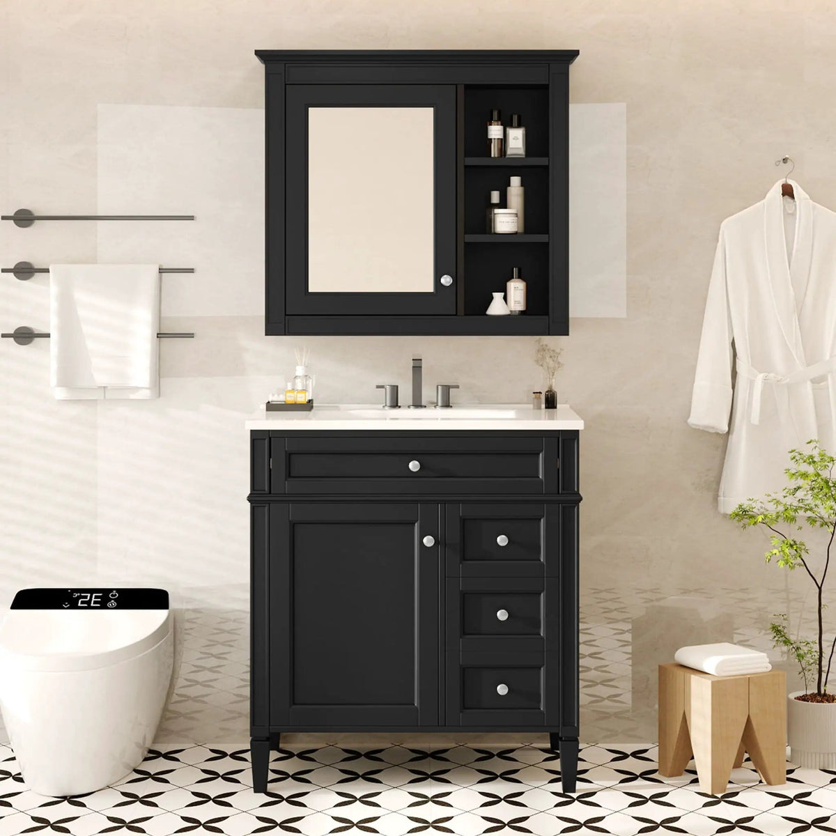 Bathroom Vanity With Top Sink, 2 Doors And 3 Drawers, Freestanding Set With Mirror | Vanity & Cabinet | Solid Wood & Ceramic | Bathroom