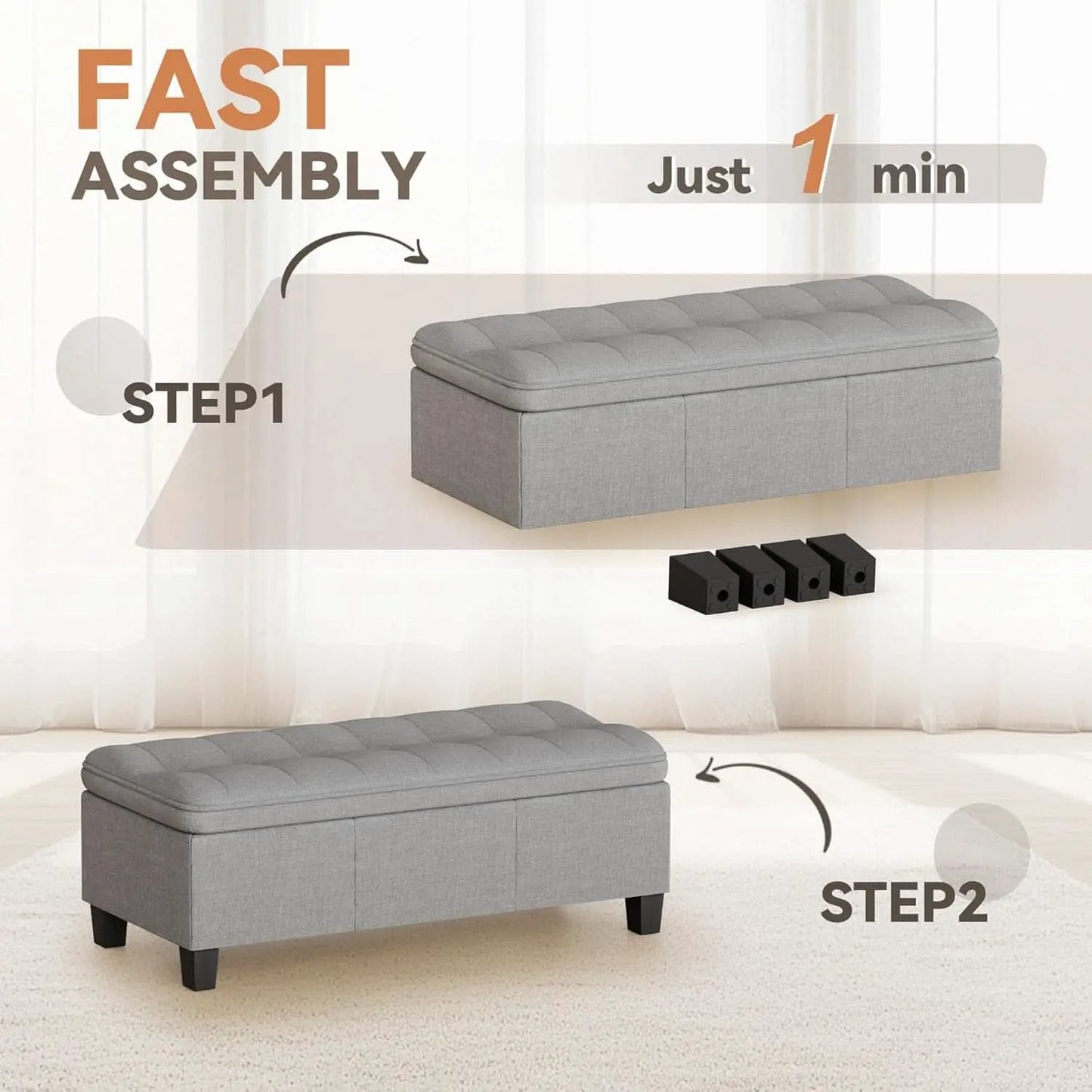 Forty Seven Inch Storage Ottoman Bench Linen Gray Fabric from PriceLows™
