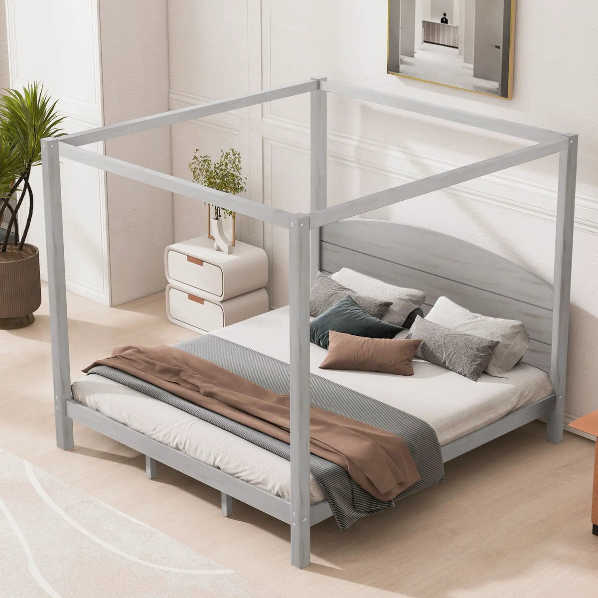 Platform Bed | Reinforced Wood Slats | Integrated Headboard