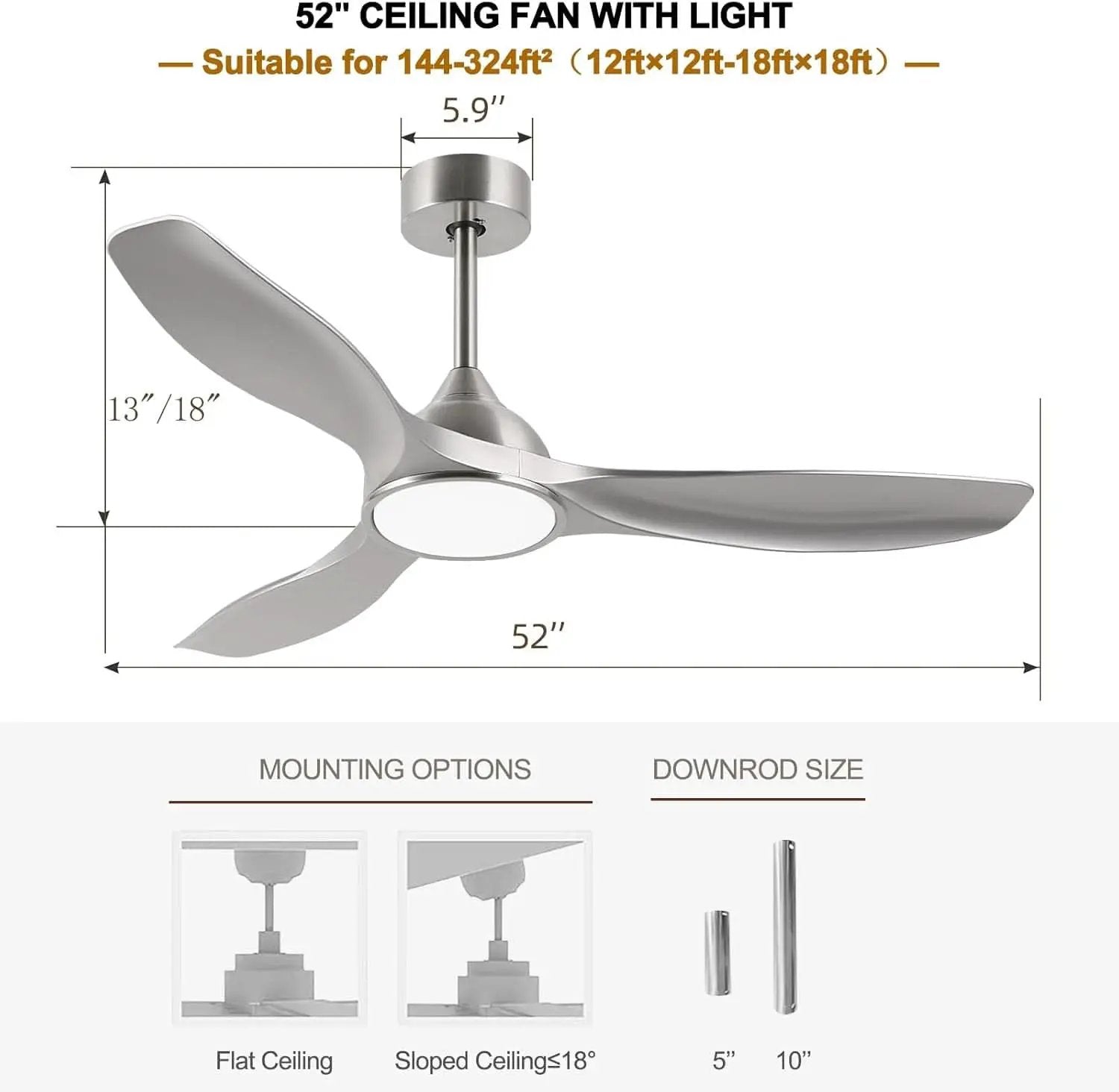 52 Inch Quiet DC Motor Ceiling Fan With LED Lights Remote Control from PriceLows™