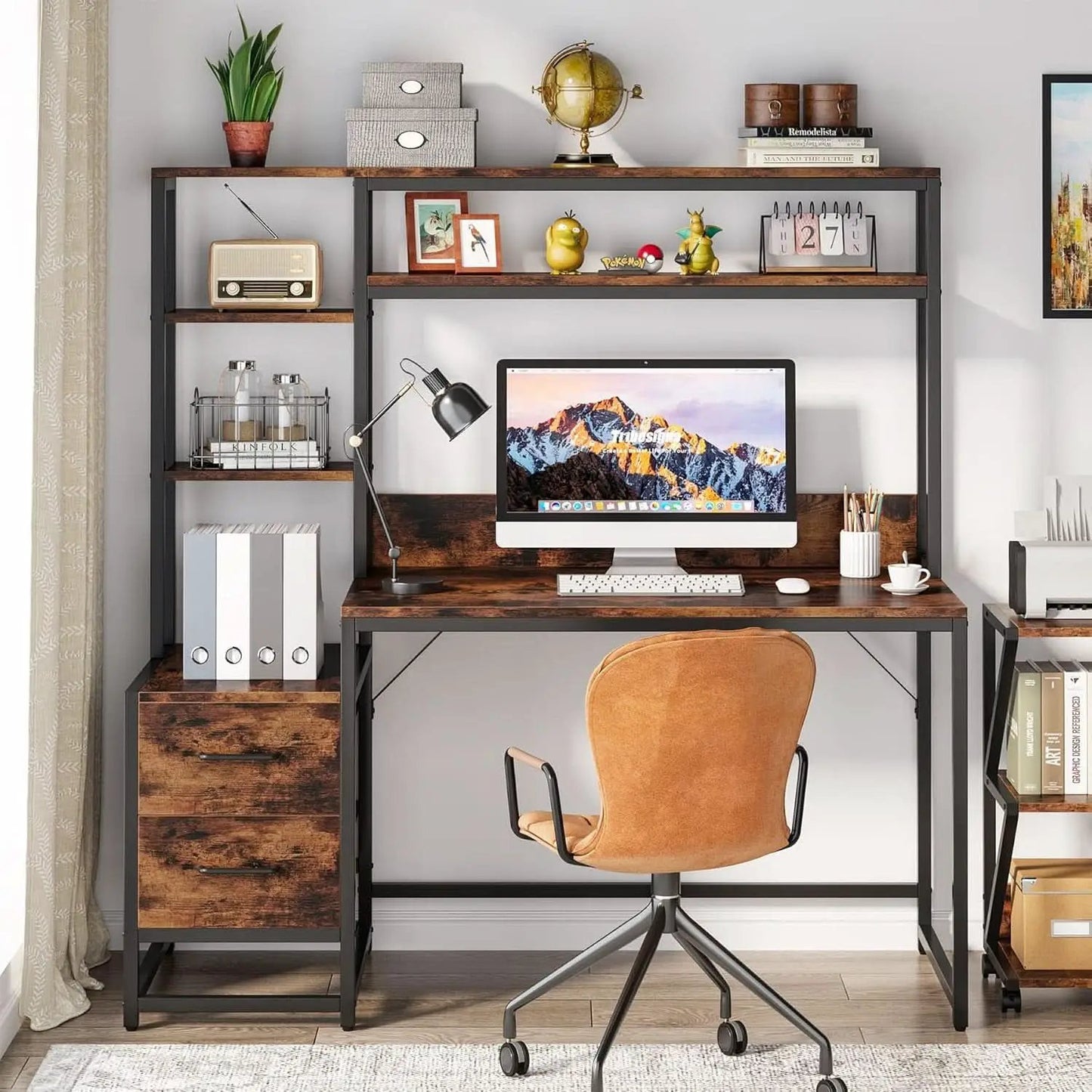 55 Inch Rustic Brown Computer Desk With Drawers And Shelves from PriceLows™