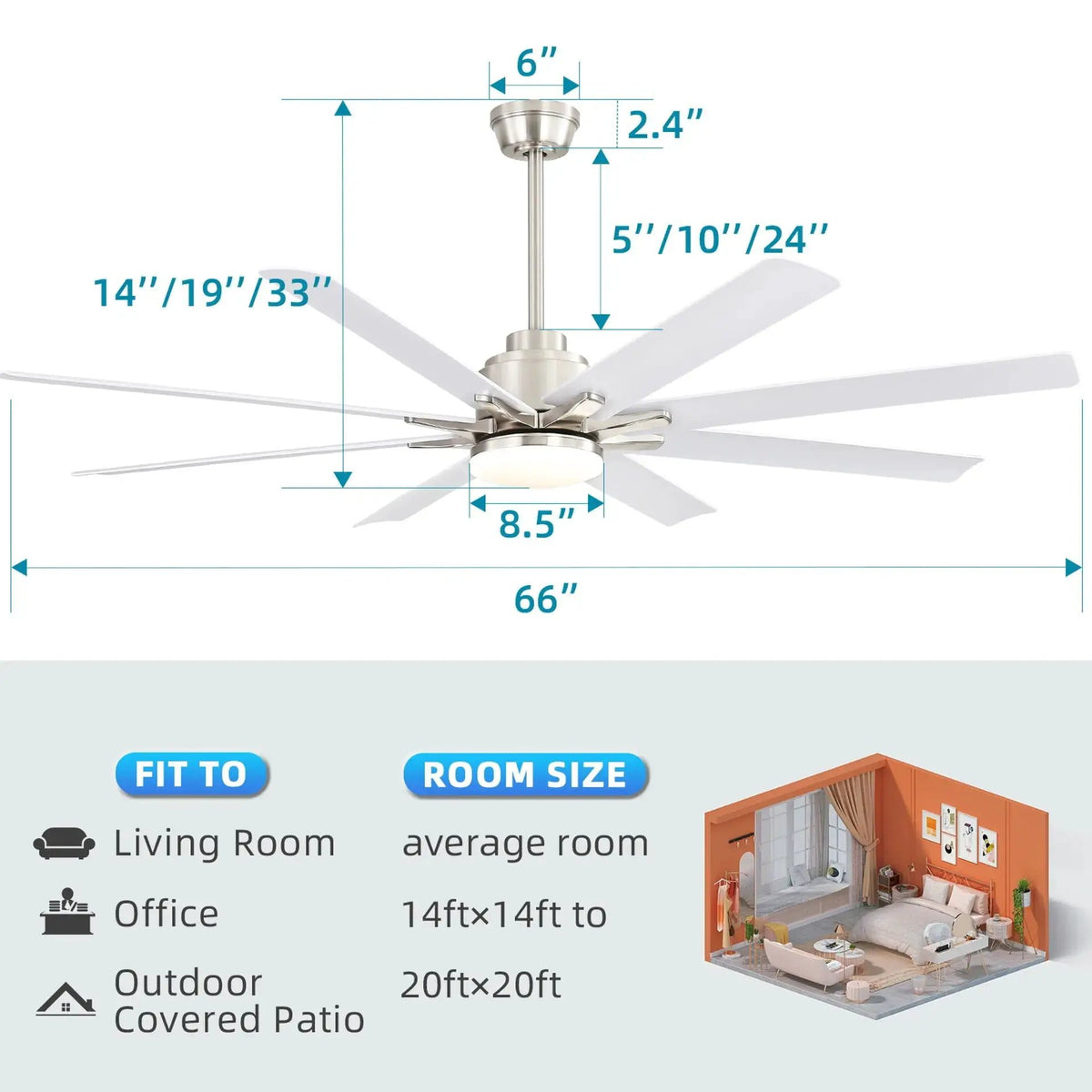 Ceiling Fan | 66 Inch | 8 Blade | Dimmable LED Light