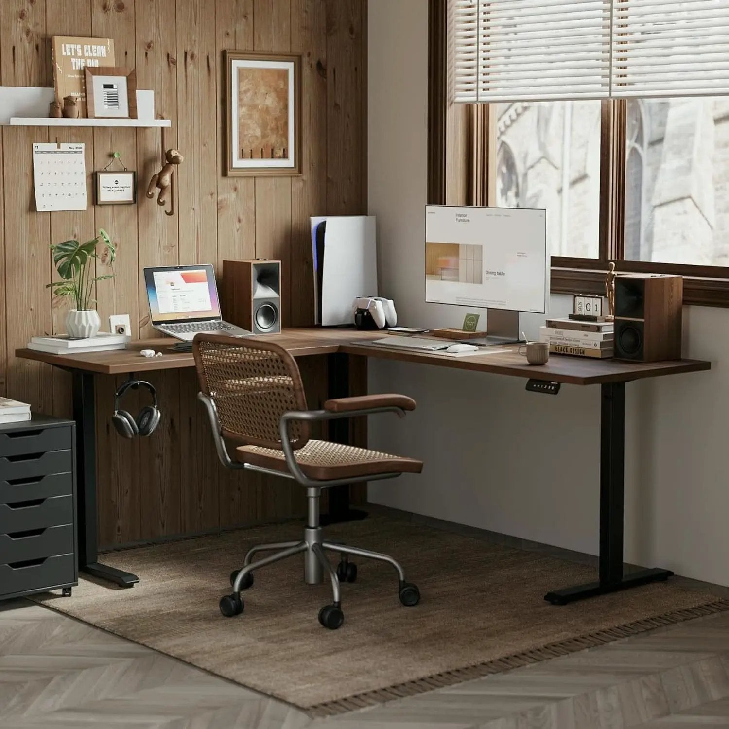 L Shaped Electric Standing Desk 63 By 55 Inch Dark Walnut from PriceLows™