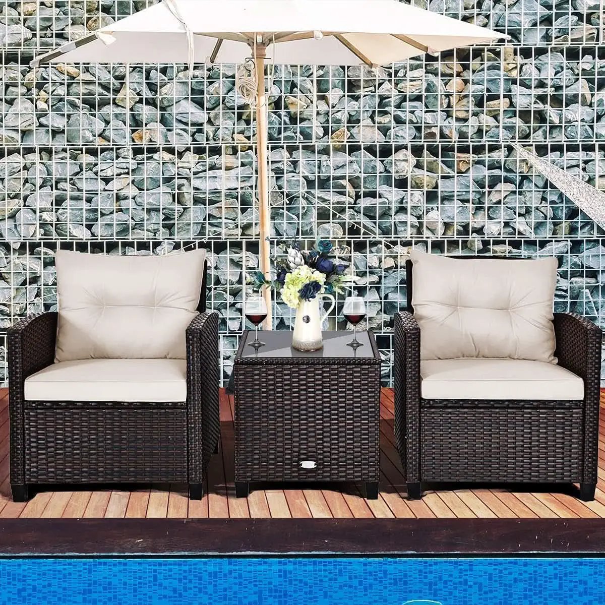 3 Piece Patio Furniture Set White PE Rattan Wicker Outdoor Sofa Set With Washable Cushions And Tempered Glass Tabletop from PriceLows™