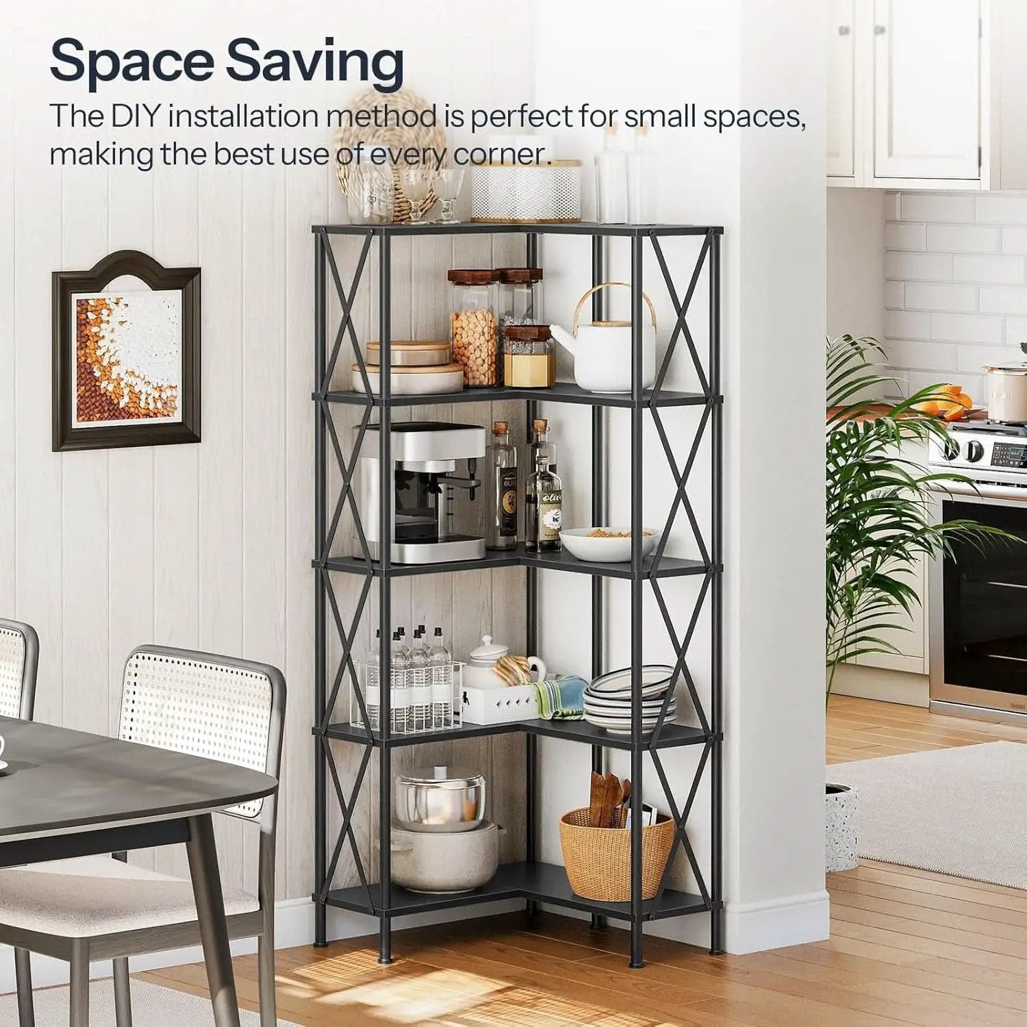 Corner Bookshelf 5 Tier L Shaped Industrial Open Display Shelf Black from PriceLows™
