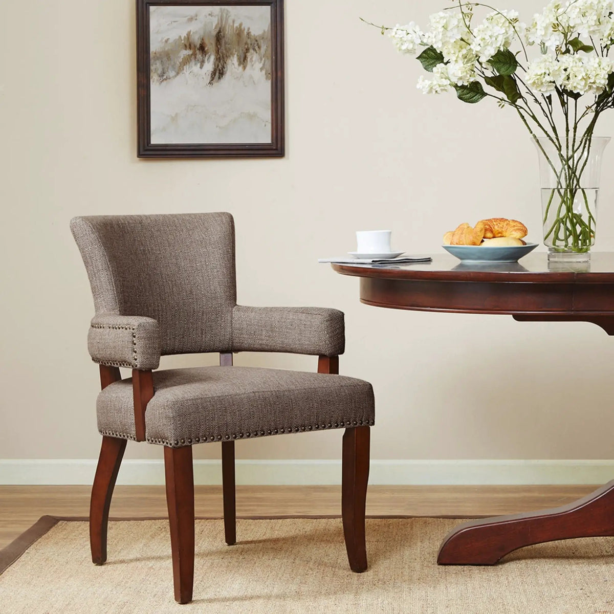Arm Dining Chair | Brass Nail Head Detailing | Rubberwood And Solid Wood | High-Density Foam