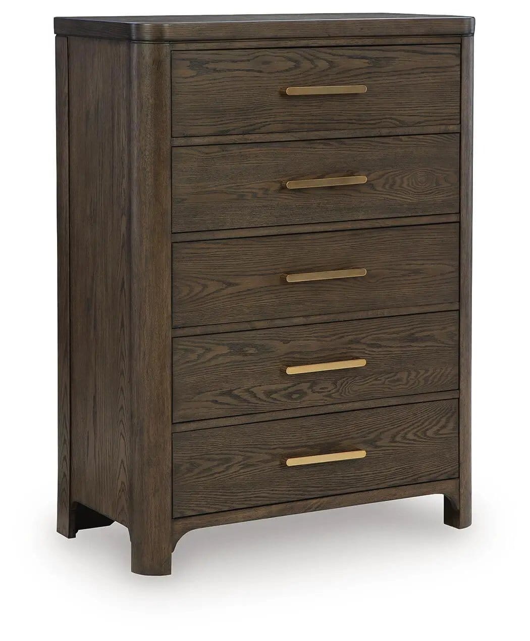 Radkin Five Drawer Chest | 38 x 19.5 x 52.25 in | Oak Veneer & Metal | Burnished Brown