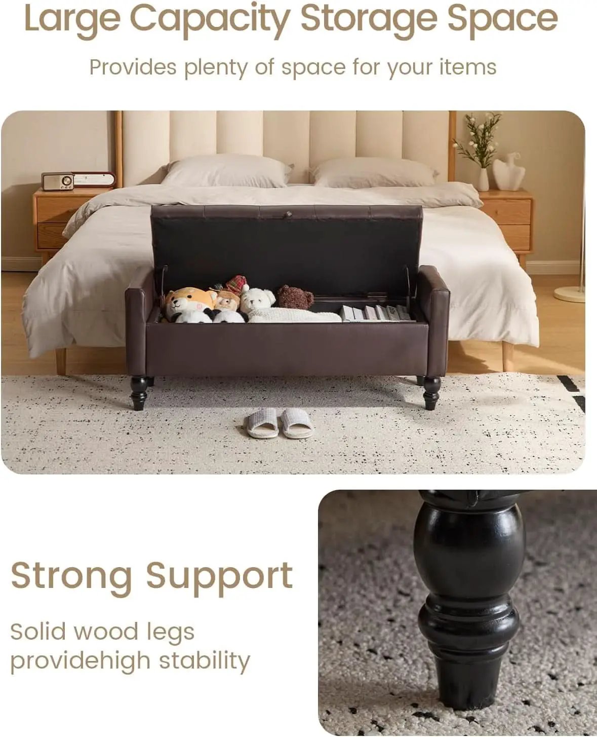 Brown Genuine Leather Storage Ottoman Bench Bedside from PriceLows™