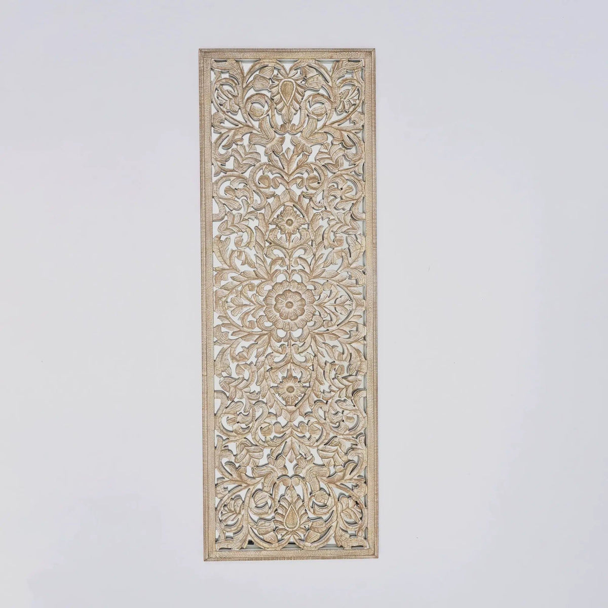 Floral Hand Carved Mandala Rectangle Wall Decor With Mirror Antique Brown / | 24 x 1.5 x 71 in | Wood | White