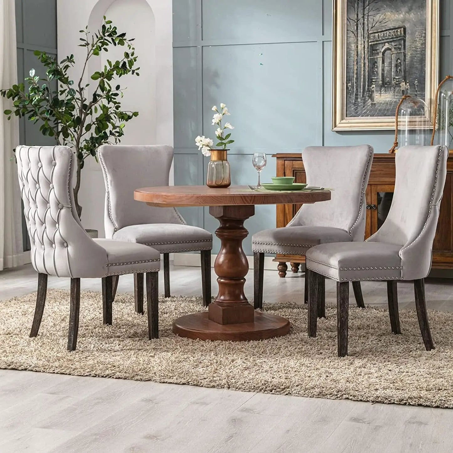 Set Of 2 Light Gray Velvet Tufted Wingback Dining Chairs Nailhead from PriceLows™