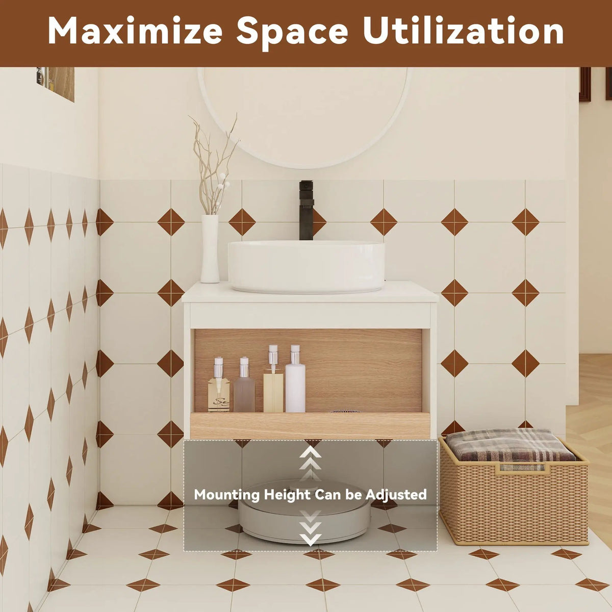 Floating Bathroom Vanity | Round Glossy Sink | Wall Mounted | Compact Design