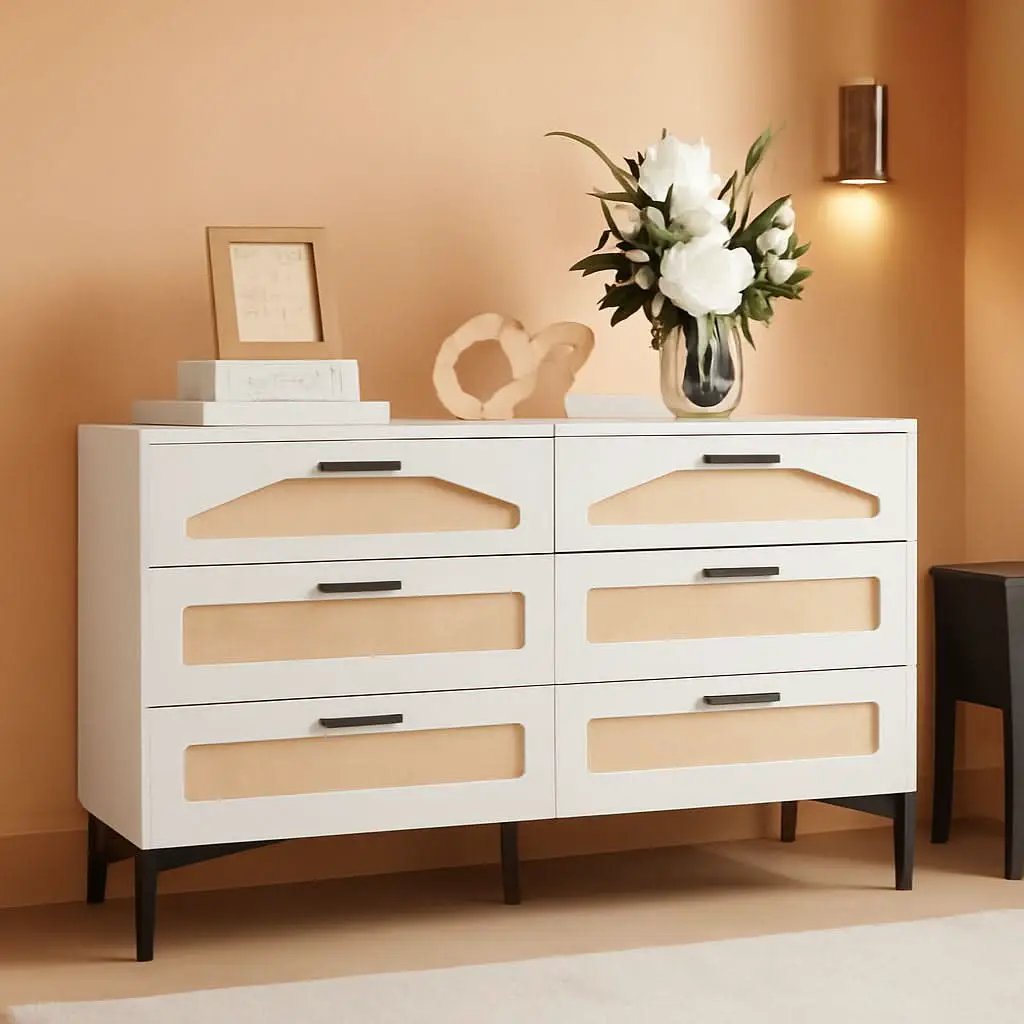 Six Drawer White Dresser With Industrial Steel Base from PriceLows™