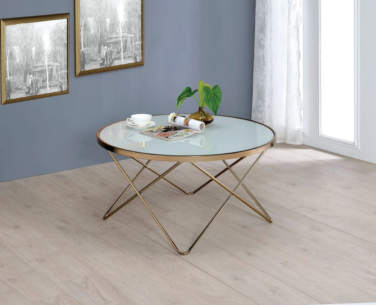 Valora Glass Coffee Table | Round 34 Inch | 5mm Smoky Glass Top | Overlapped Metal Base