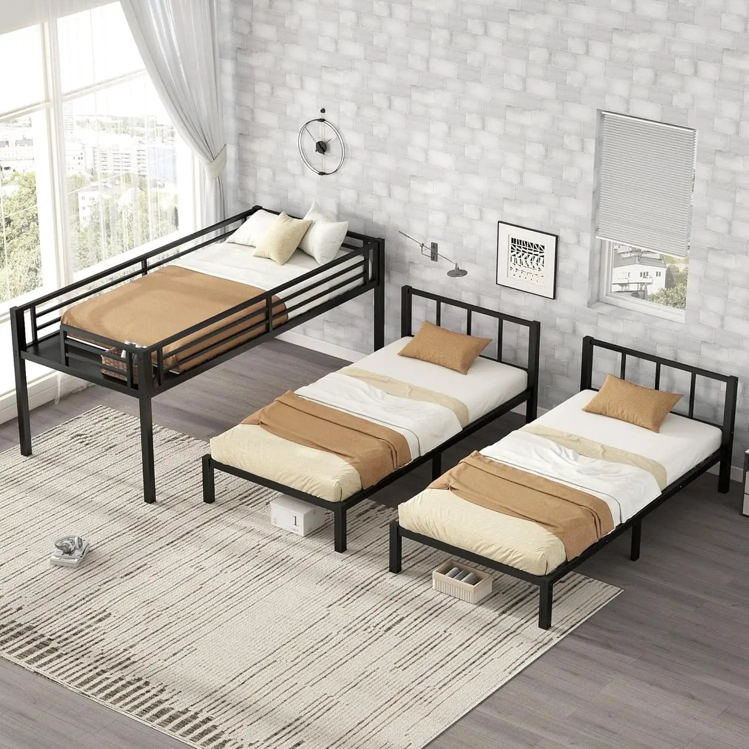 Triple Bunk Bed For Kids Metal Twin Over Twin Black from PriceLows™