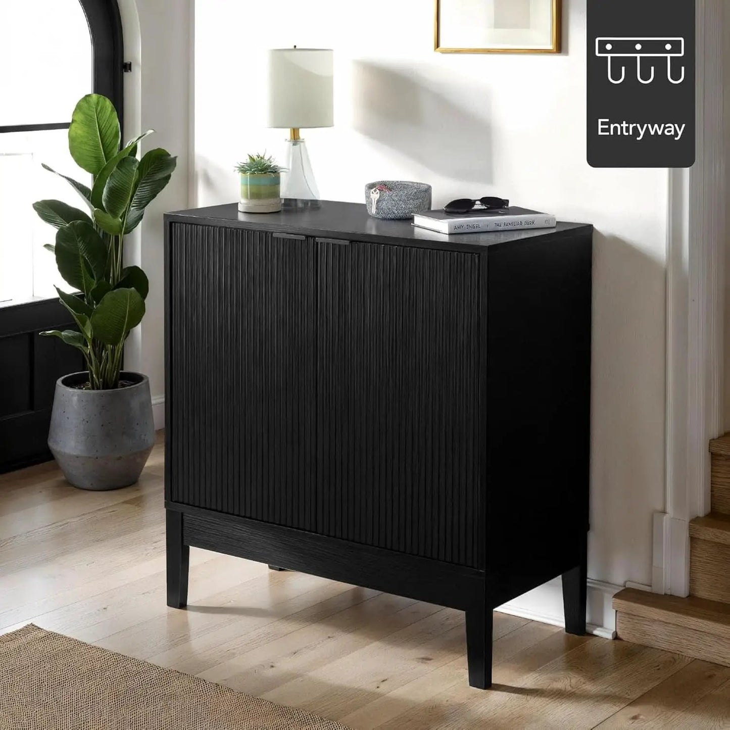 Black Two Door Modern Entryway Storage Cabinet Reeded Doors from PriceLows™