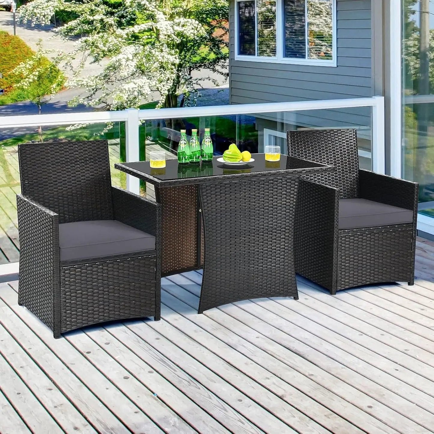 Gray 3 Piece Patio Dining Set With Tempered Glass Table For Outdoor Garden Poolside And Porch from PriceLows™