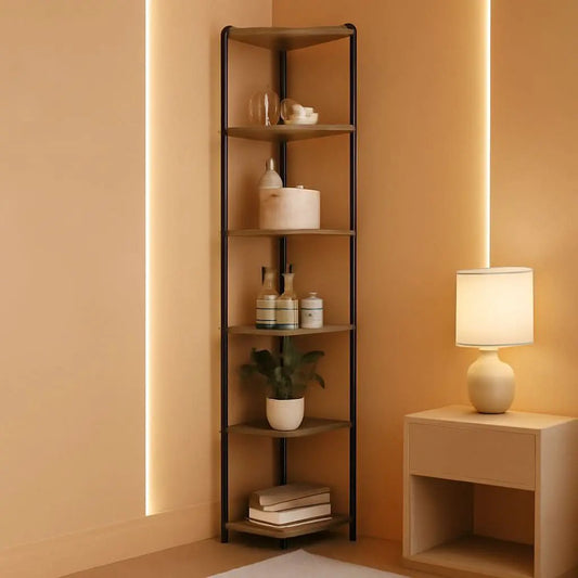 6-Tier Rustic Brown Corner Shelf Stand For Living Room