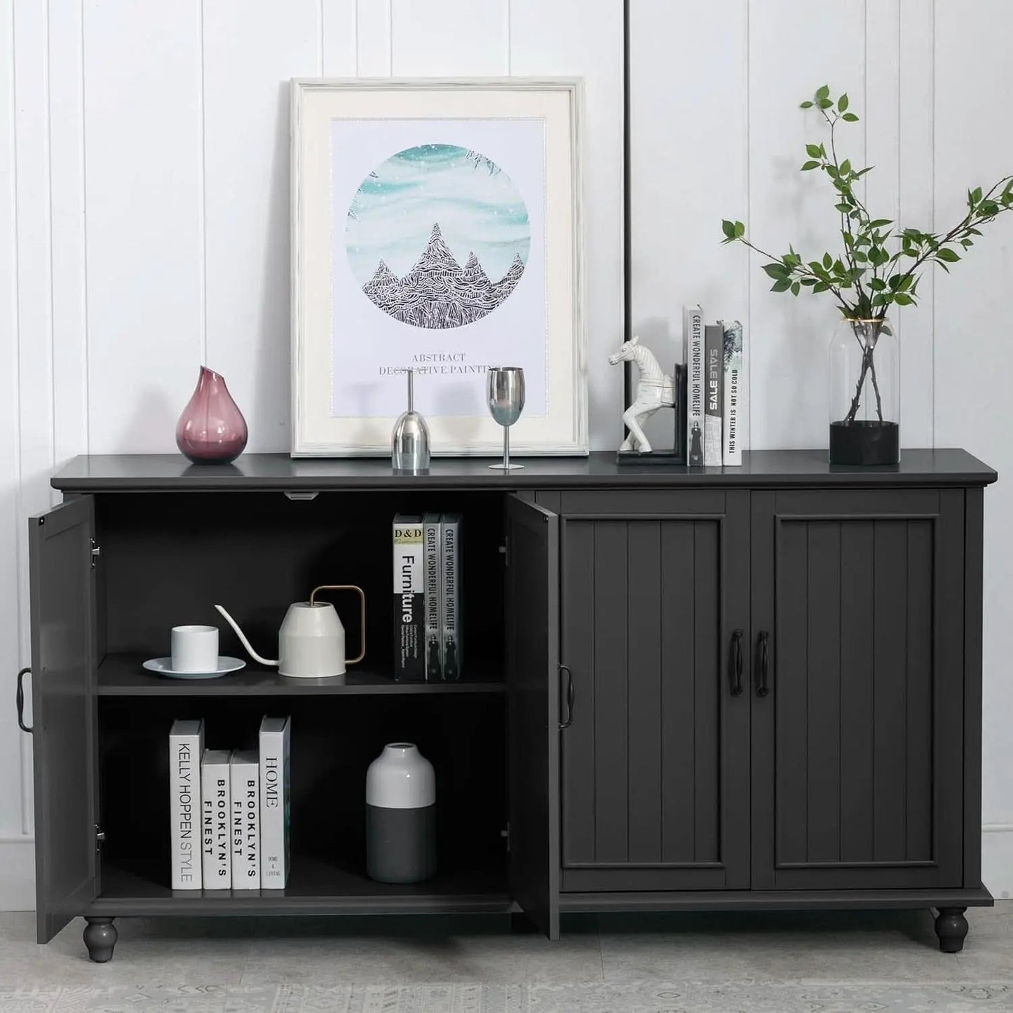Black 62 Inch Coffee Bar Cabinet Four Doors Storage from PriceLows™