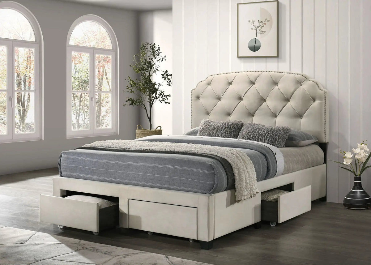 Marianna 4-drawer Upholstered Queen Storage Bed | 64.25 x 88.5 x 52.25 in | Rubberwood & Engineered Wood | Cream