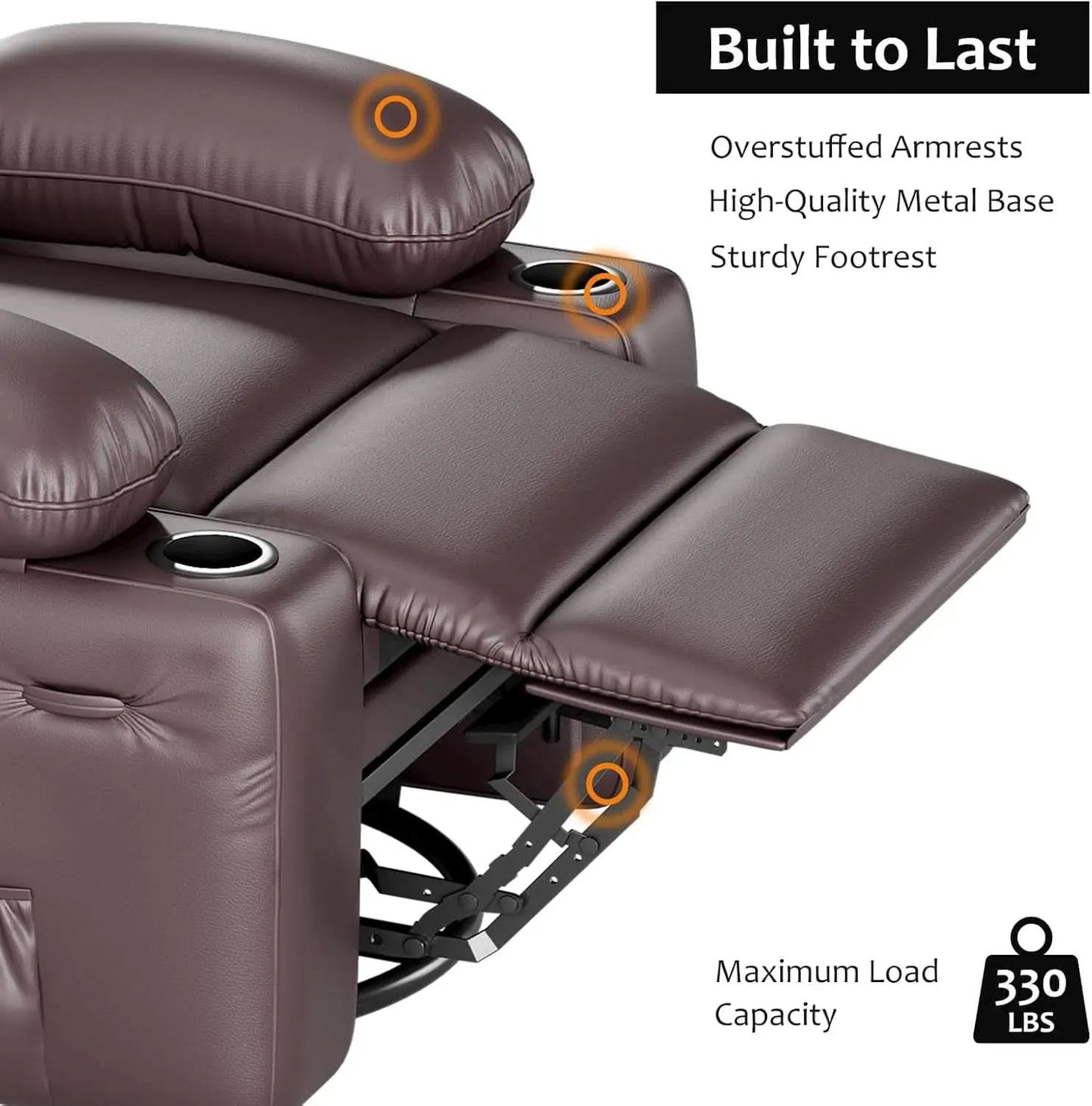 Leather Recliner Chair Brown Medium With Cup Holders And 150 Degree Recline from PriceLows™
