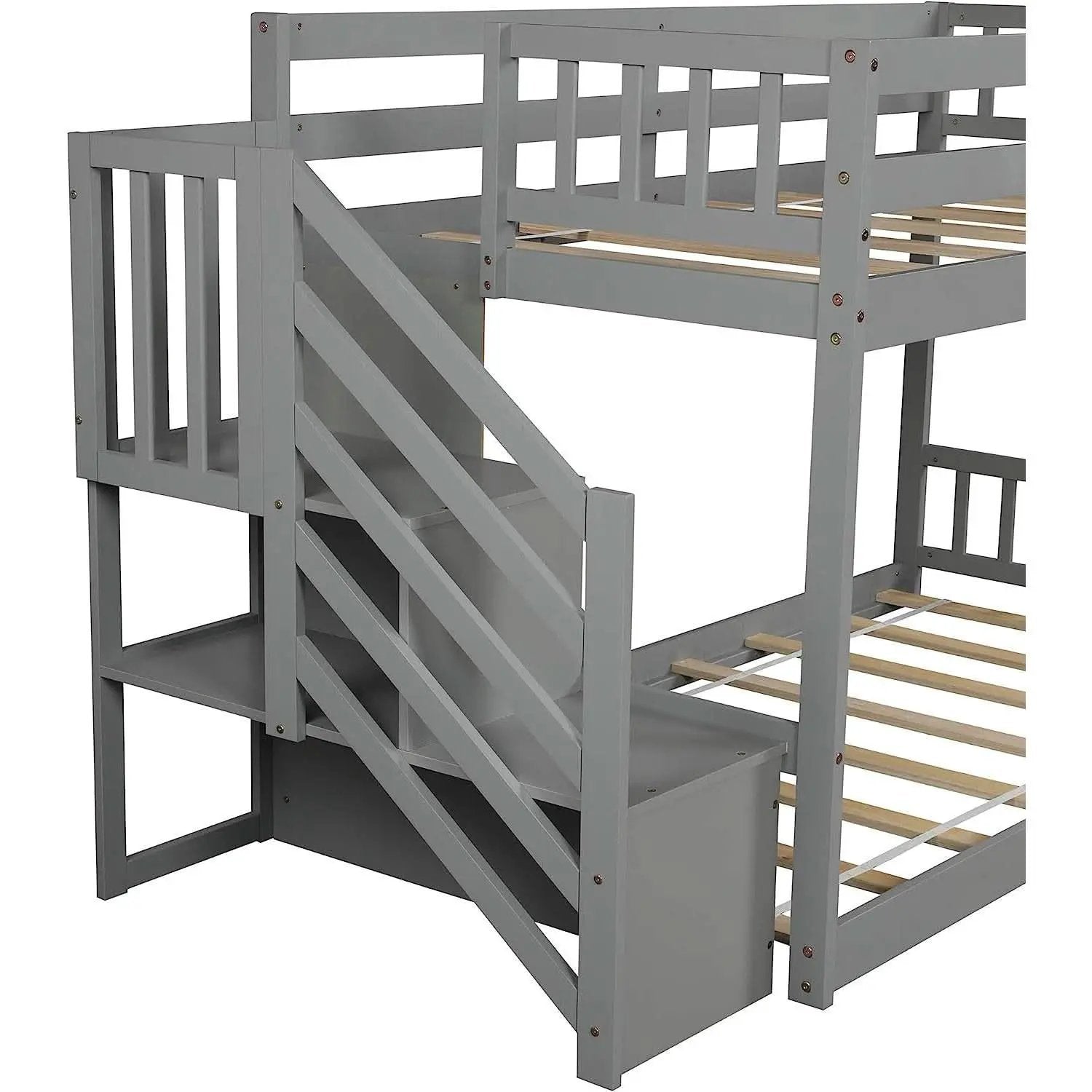 Twin Over Twin Low Bunk Bed With Storage Stairs Grey Wood from PriceLows™