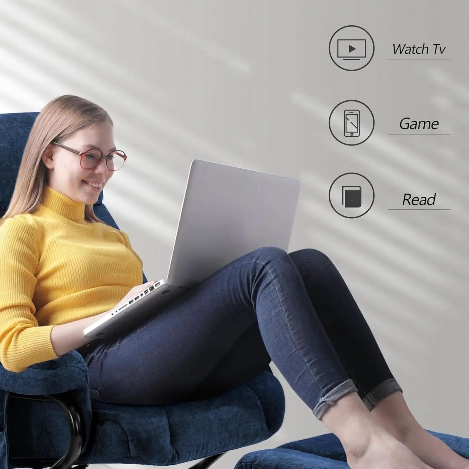 Swivel Recliner With Ottoman And Vibration Massage Blue Textile from PriceLows™