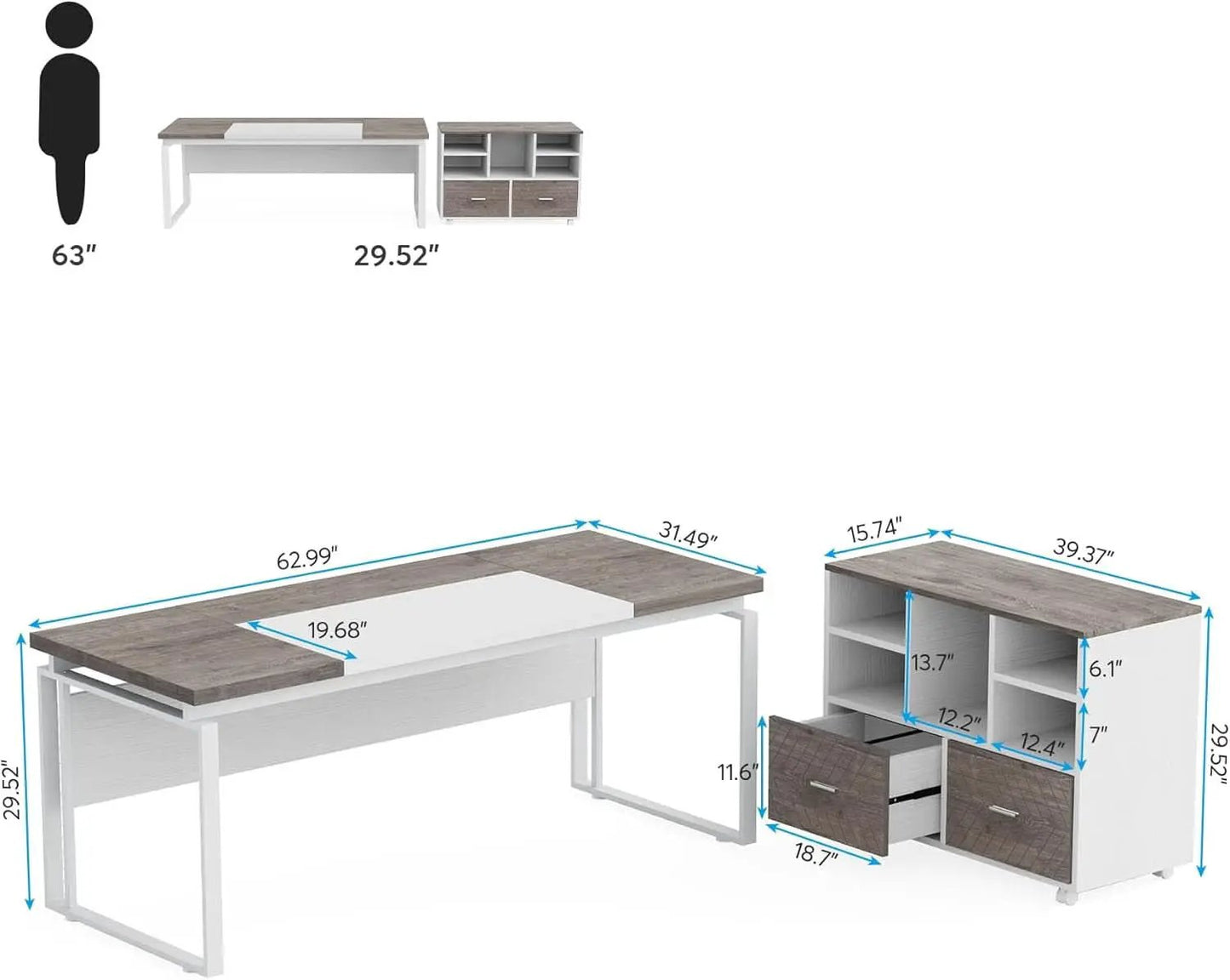 63 Inch L Shaped Desk Gray White With Reversible File Cabinet from PriceLows™