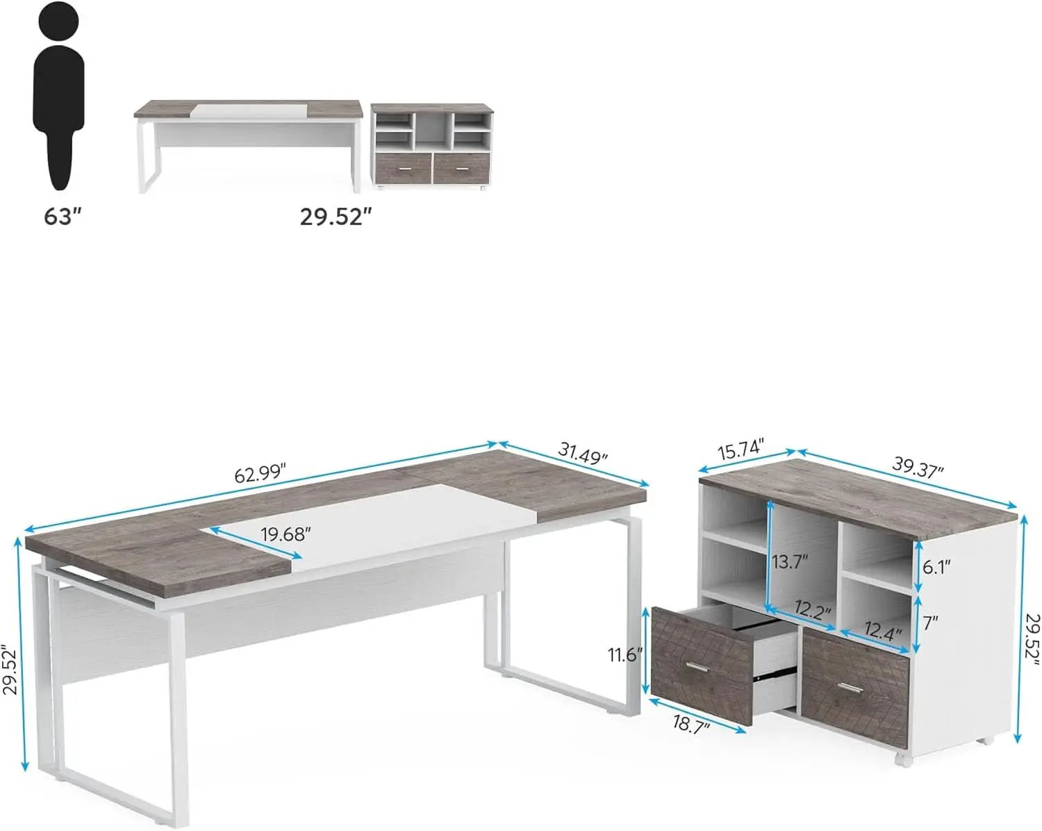 63 Inch L Shaped Desk Gray White With Reversible File Cabinet from PriceLows™