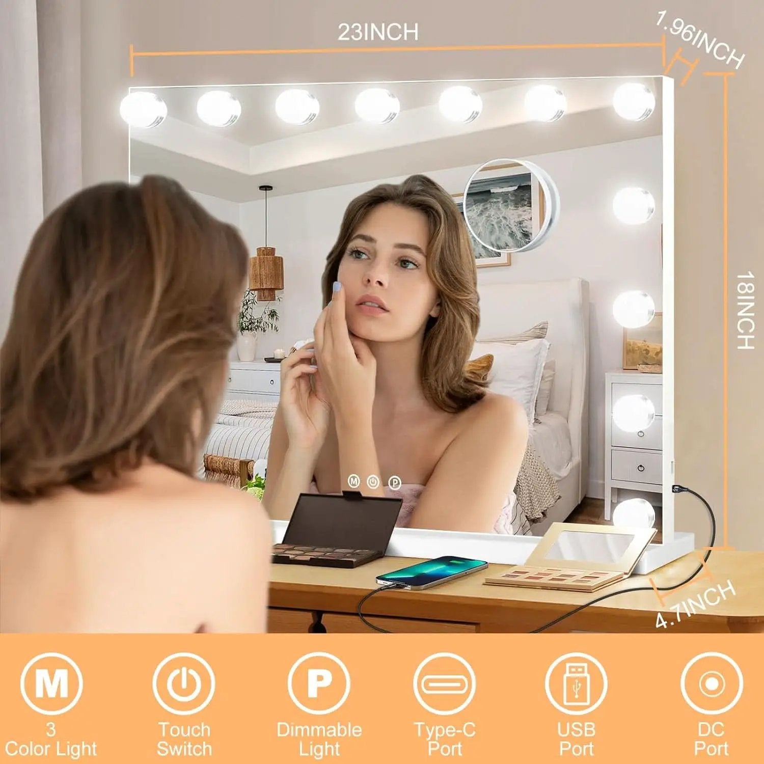 23 Inch Vanity Mirror With Dimmable Lights 10x Magnification from PriceLows™