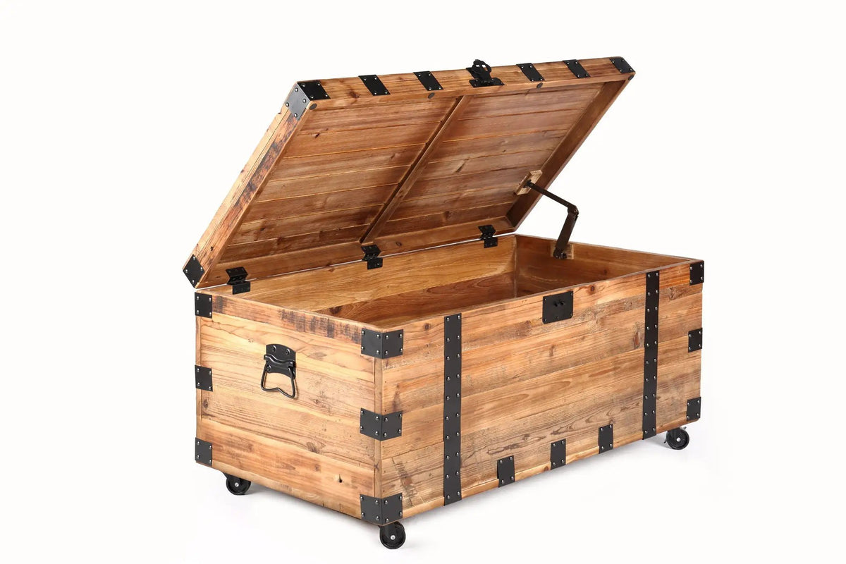 Trunk Coffee Table | Four Wheels | Large Storage Capacity | Natural And Black