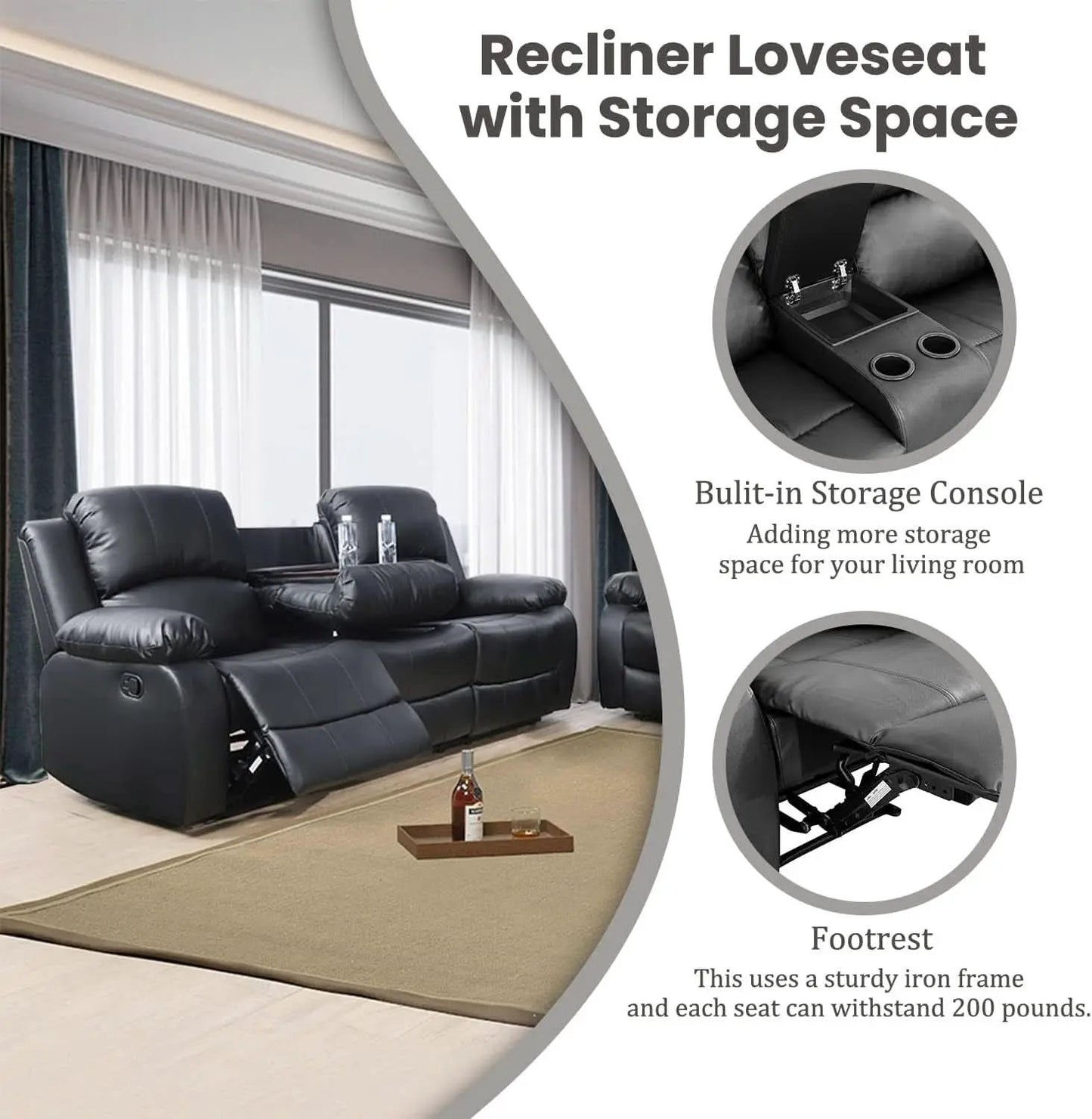 Manual Recliner Sofa Set Black With Cup Holder Storage Console from PriceLows™