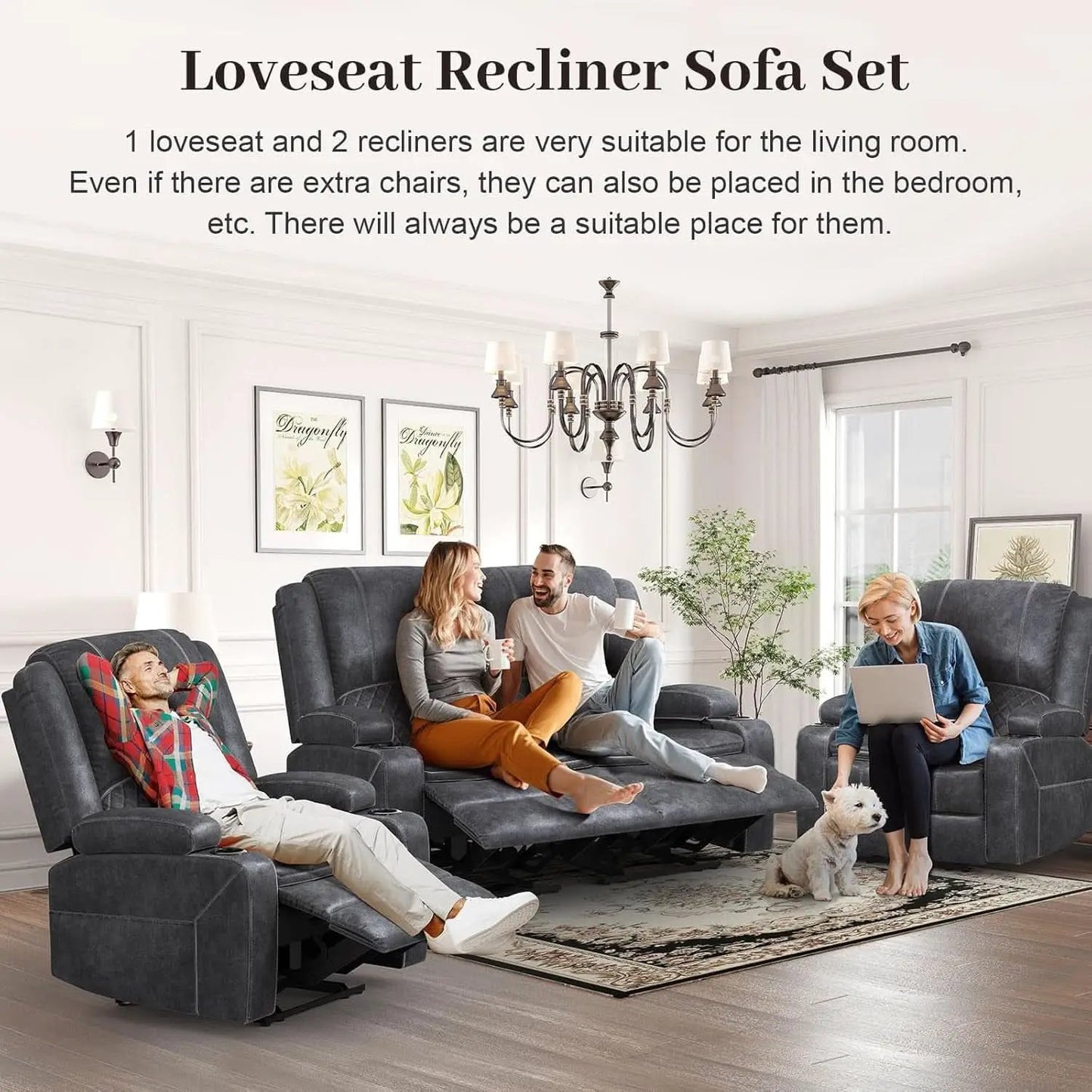 Grey Leather Reclining Loveseat Sofa Set With Console And Two Chairs from PriceLows™